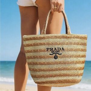 Prada Natural and Tan Striped Straw Tote or Make-up Bag